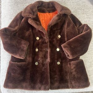 Vintage Sears Women's Brown Teddy Jacket with Orange Lining (Faux Fur)
